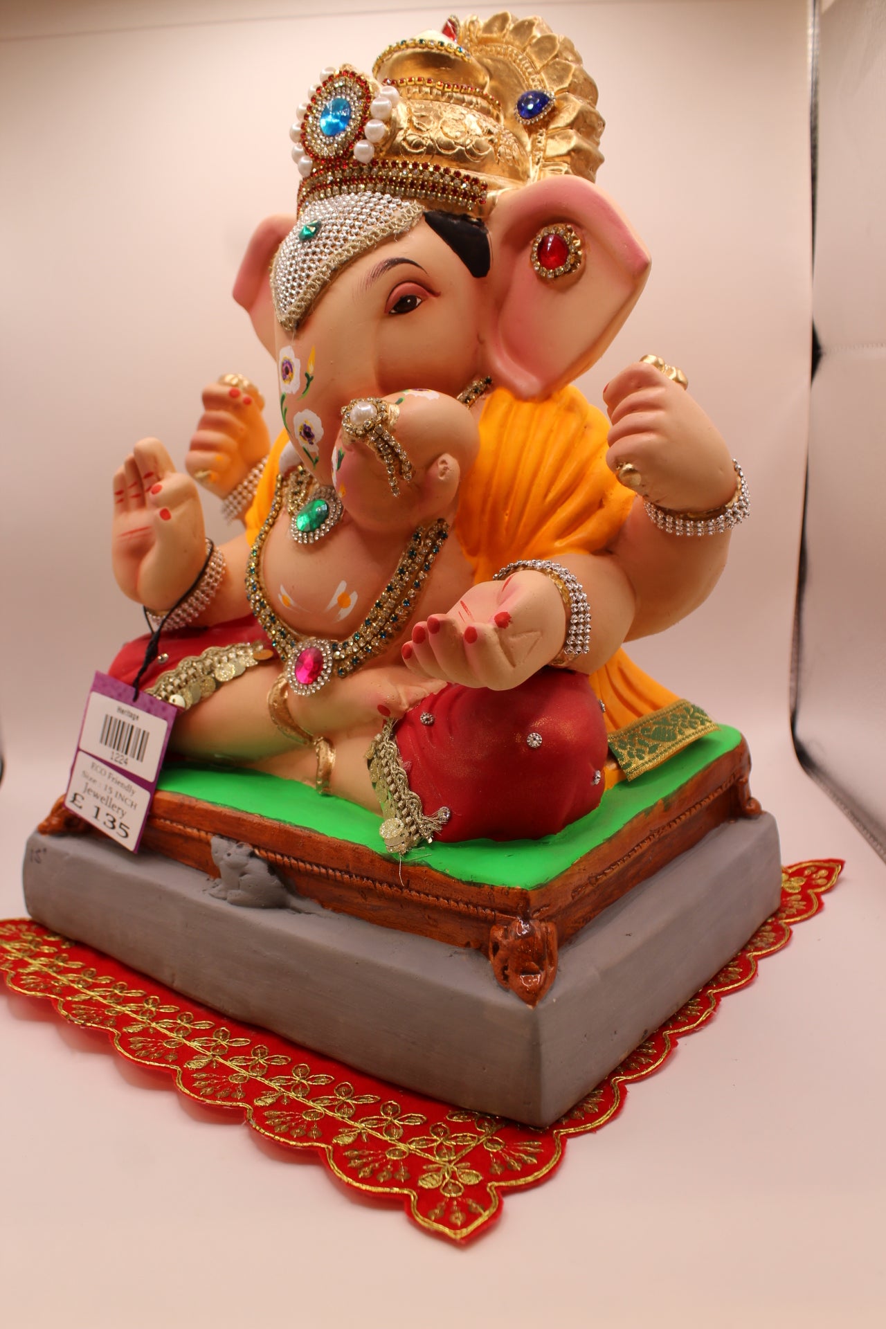 Eco-Friendly Ganesh Visarjan idol, Jewellery Style Saffron Dhoti & Ruby Bolsters, close-up