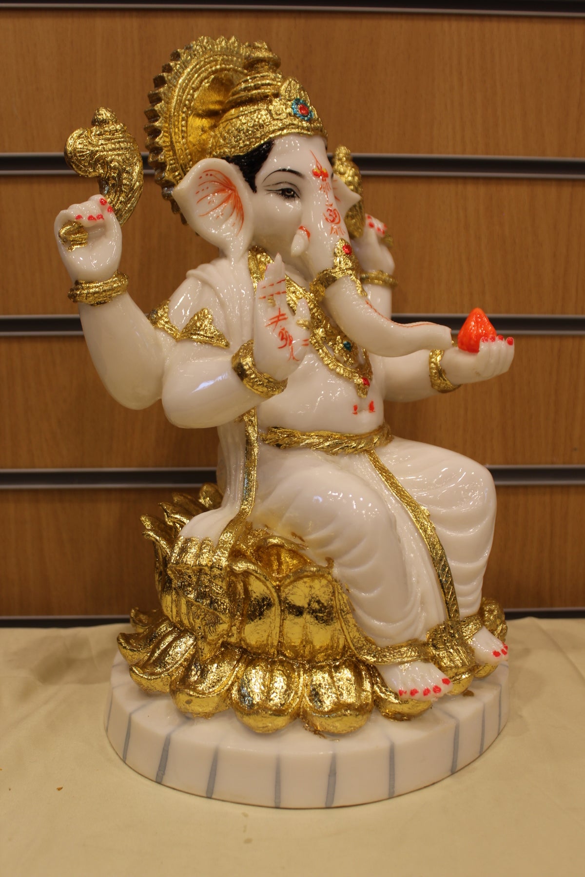 Resin/Fibre Ganesh Statue for Home Temple – White & Gold on Lotus, 14 inch – left side view