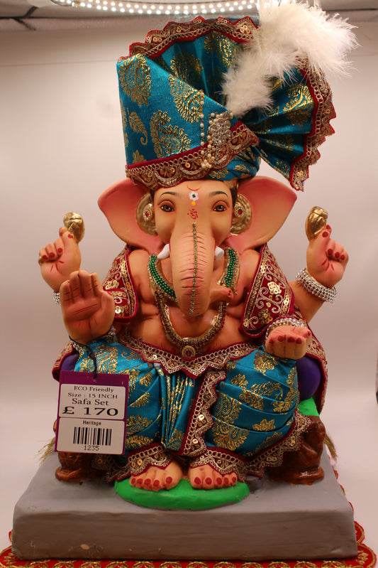 Eco-Friendly Ganesh Visarjan idol, Full Safa Set Peacock Teal & Maroon, front view