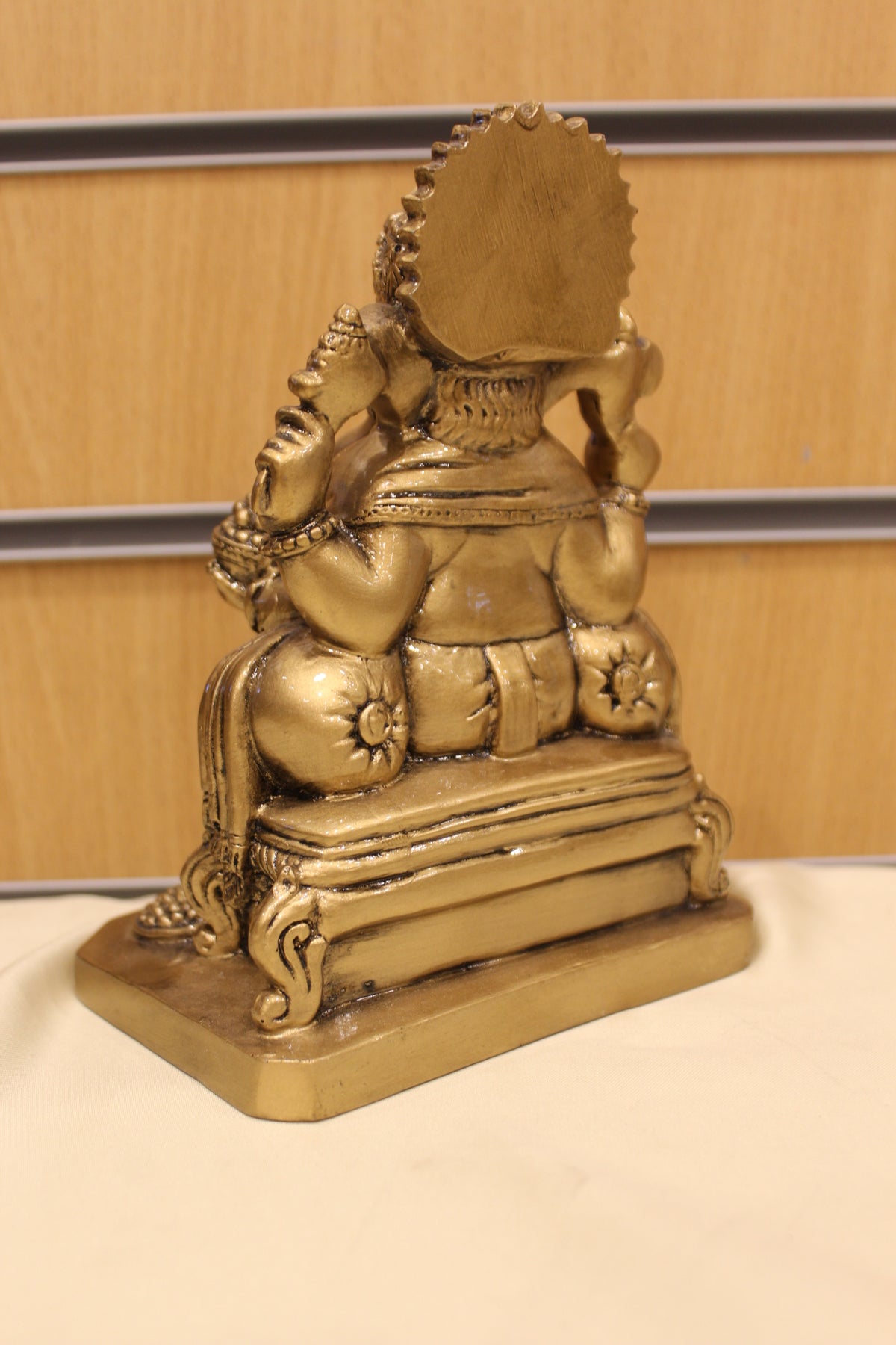 Resin/Fibre Ganesh Statue – Antique Gold, Small, 6 to 7 inch – Seated on Throne – 7 inch – back view
