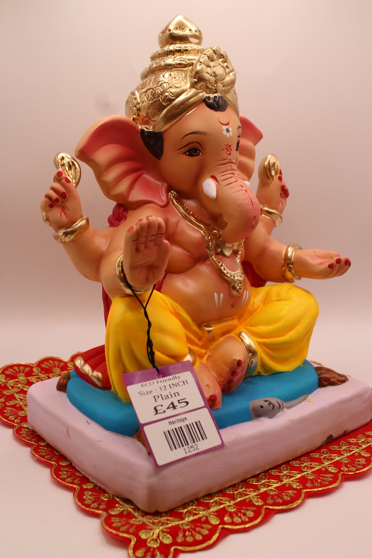 Eco-Friendly Ganesh Visarjan idol, Red Khes & Yellow Dhoti, Tall Gold Mukut, front view 2