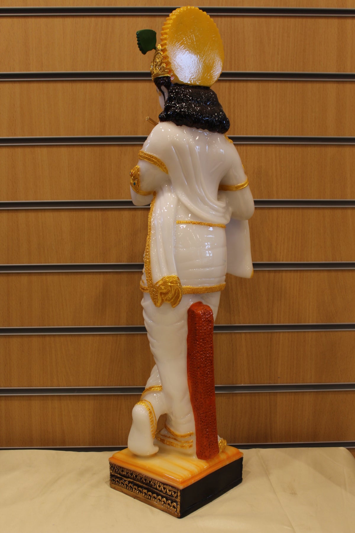 Resin/Fibre Krishna Statue for Home Temple – Playing Flute, 25 inch – White & Gold – back view