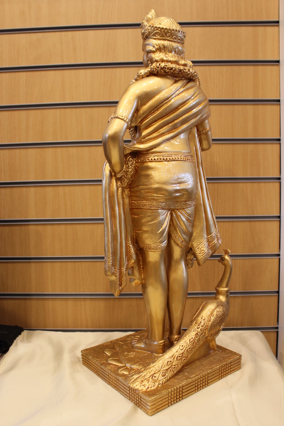 Resin/Fibre Murugan Statue for Home Temple – Standing with Vel and Peacock, 29 inch – Gold – back view