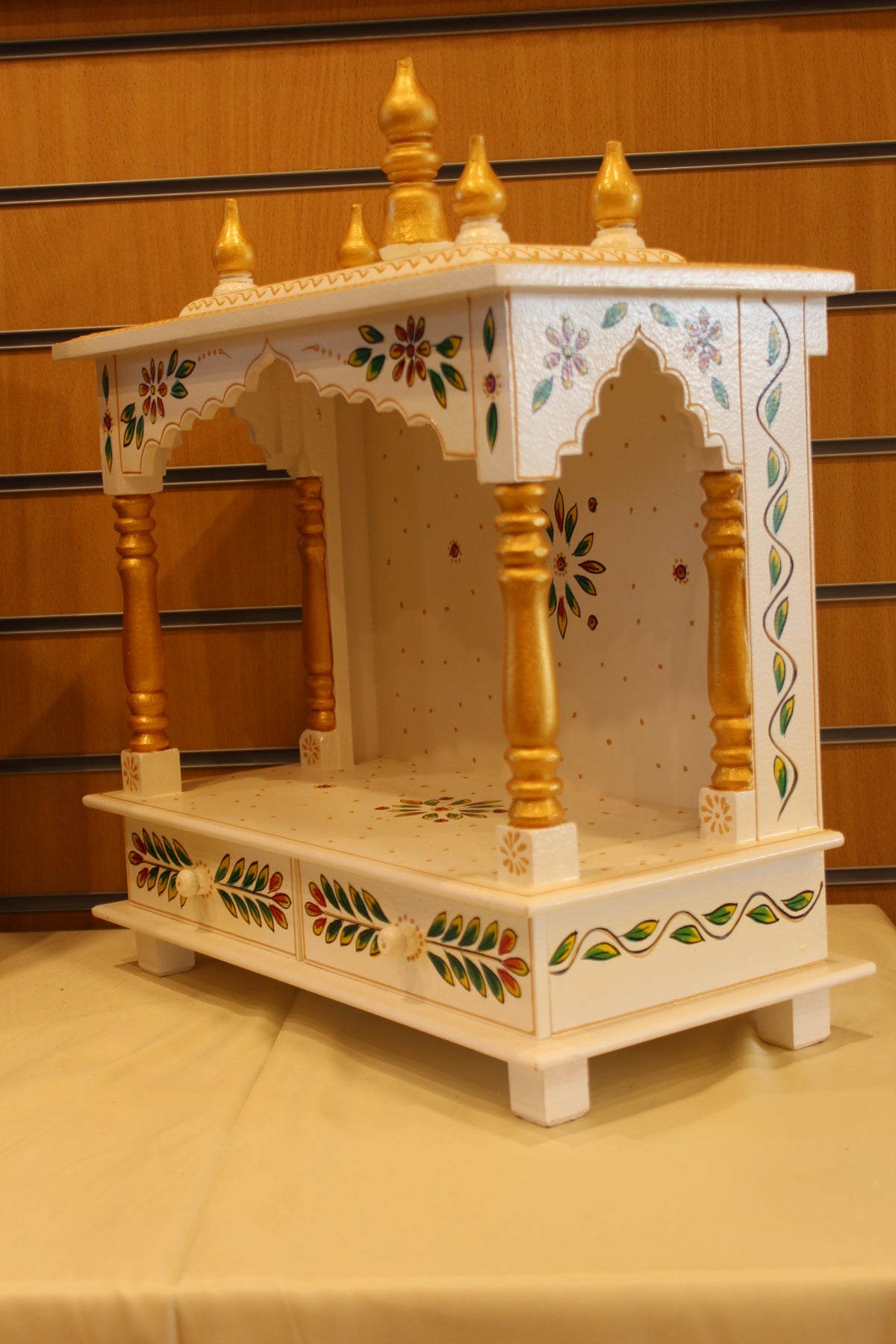 Open Front Jaipuri Mandir in white & green leaf art, angled side view from the other side