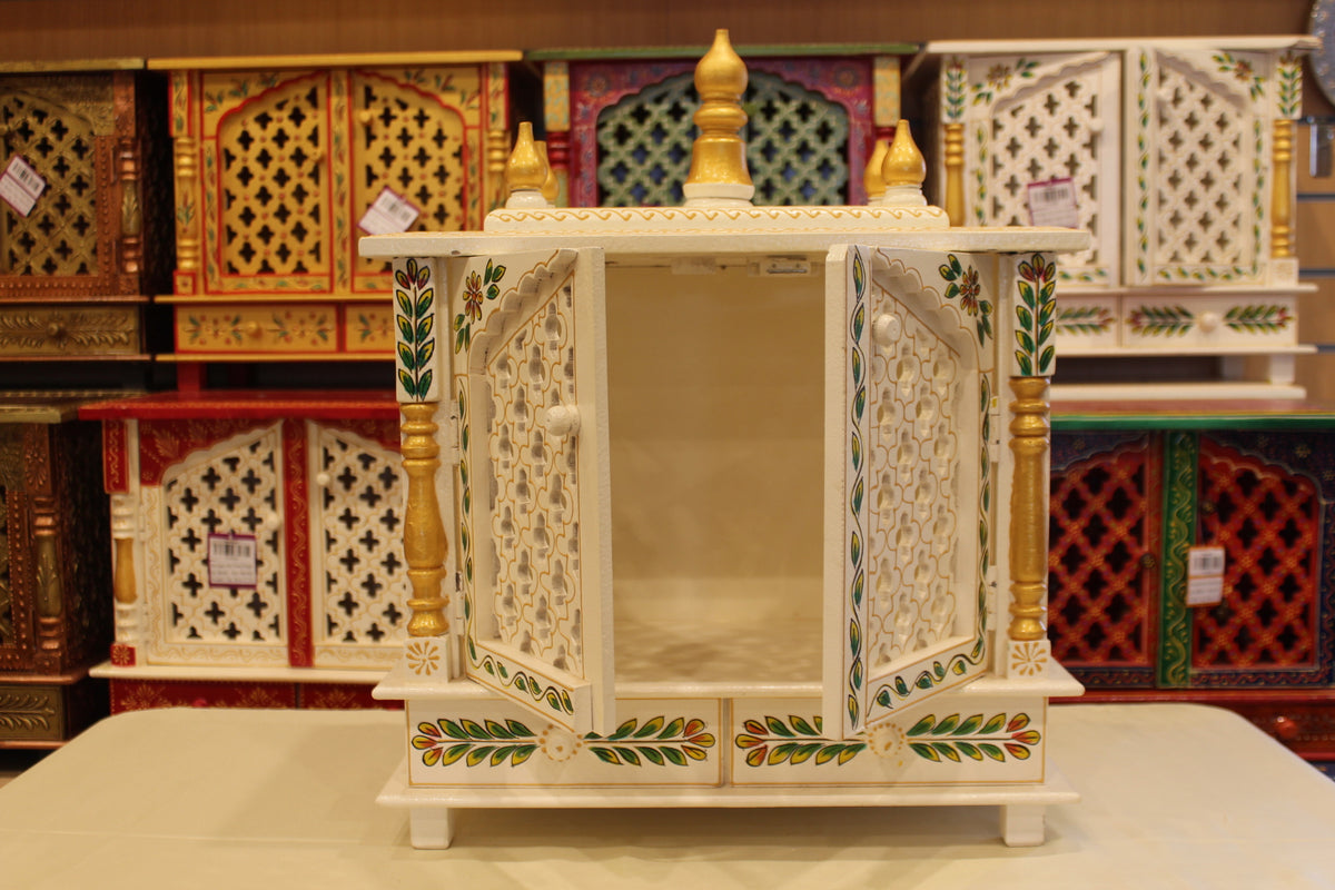 Jaipuri Mandir with Doors in white, green leaf art, doors open