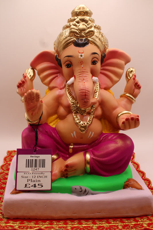 Eco-Friendly Ganesh Visarjan idol, Yellow Khes & Magenta Dhoti, Green Mat & Modaks, front view