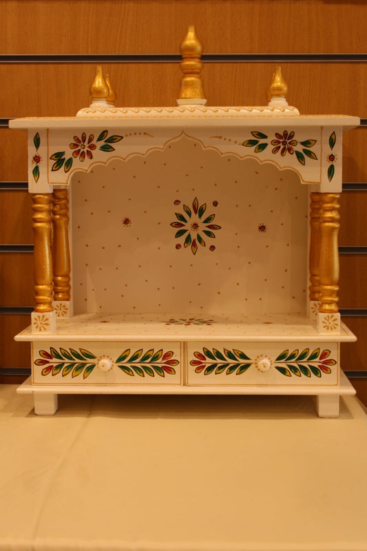 Open Front Jaipuri Mandir in white & green leaf art, front view