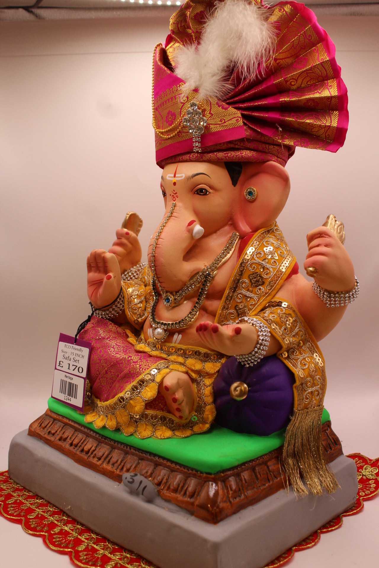 Eco-Friendly Ganesh Visarjan idol, Full Safa Set Pink Paithani & Marigold Velvet, close-up