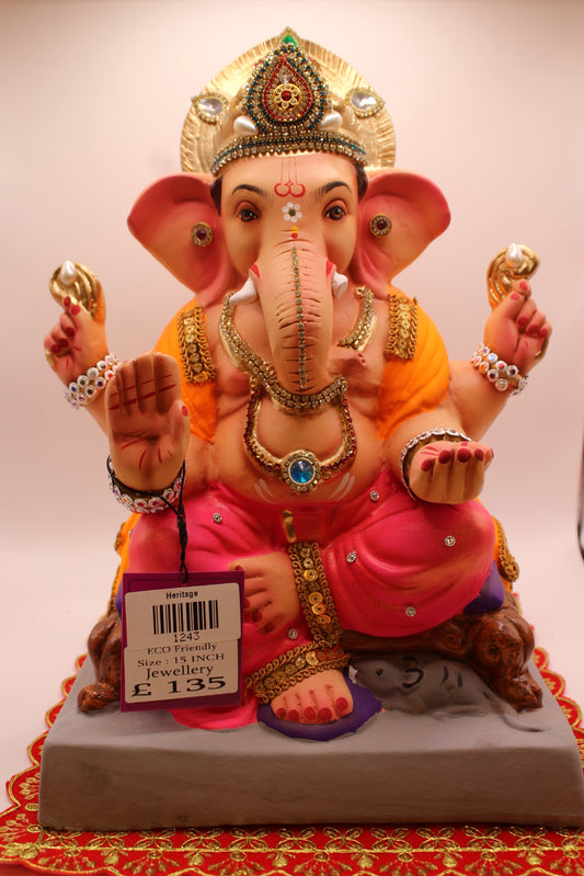 Eco-Friendly Ganesh Visarjan idol, Jewellery Style Orange Khes & Pink Dhoti, Kalash Mukut, front view