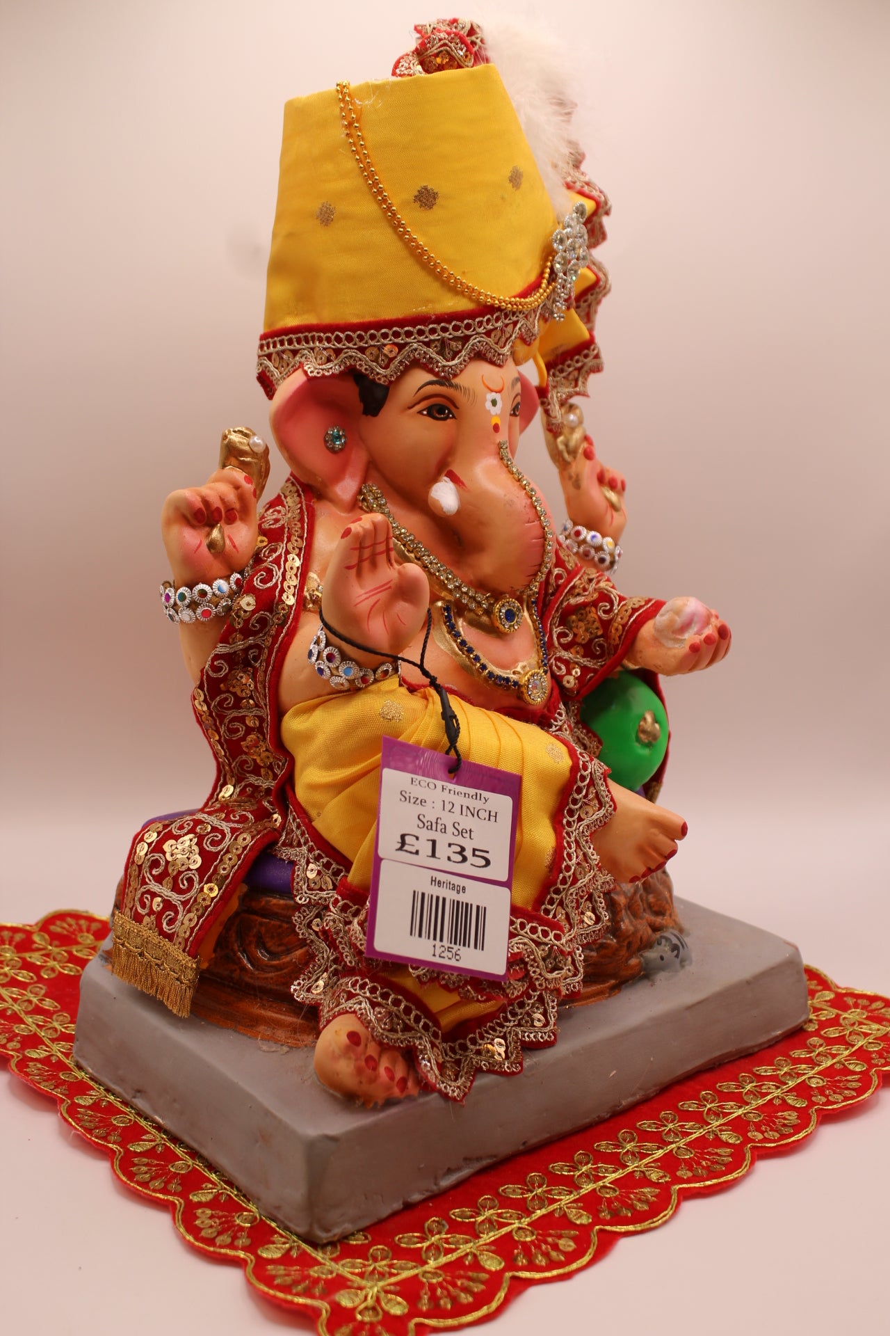 Eco-Friendly Ganesh Visarjan idol, Full Safa Set Yellow & Red Brocade, front view 2