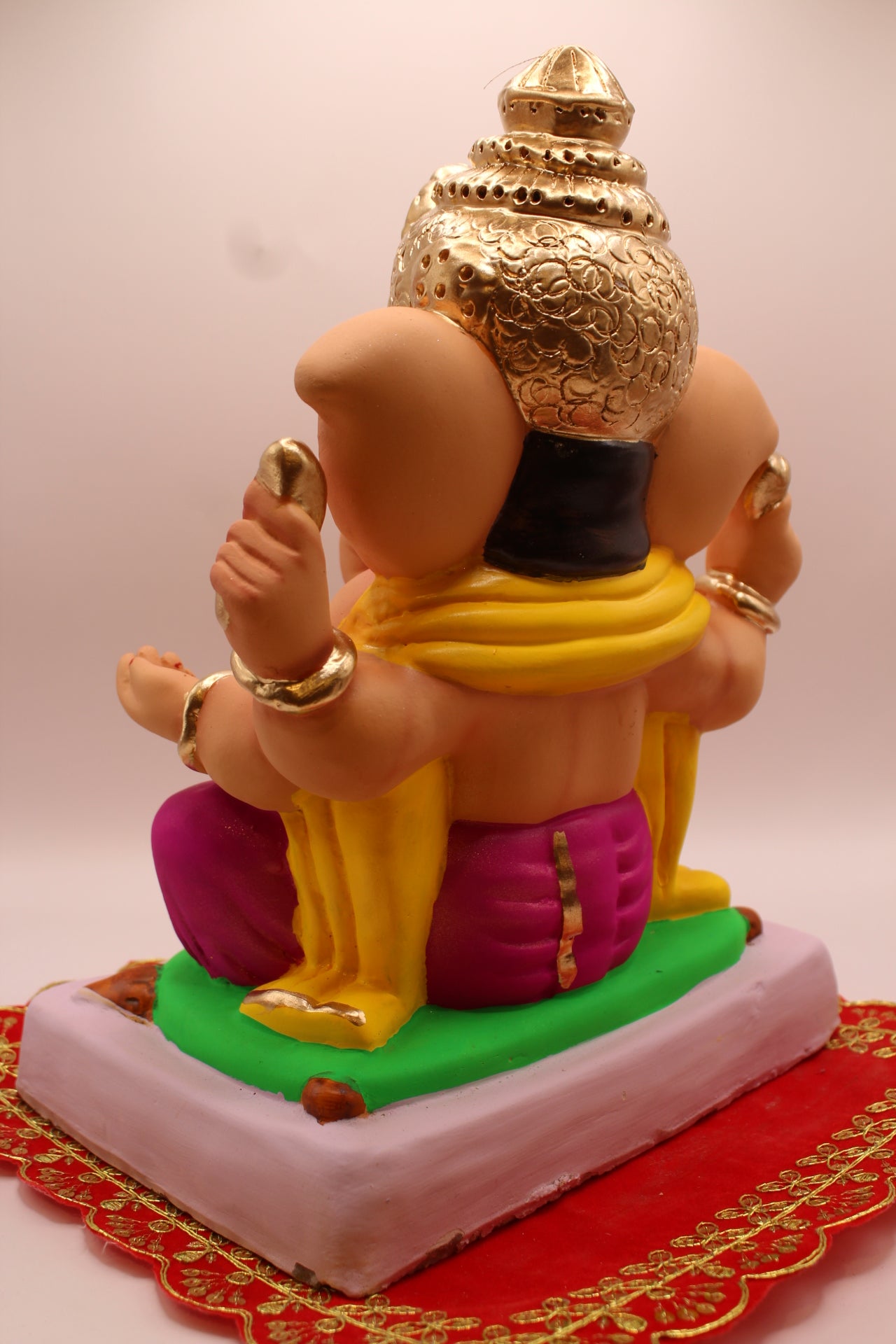 Eco-Friendly Ganesh Visarjan idol, Yellow Khes & Magenta Dhoti, Green Mat & Modaks, back view