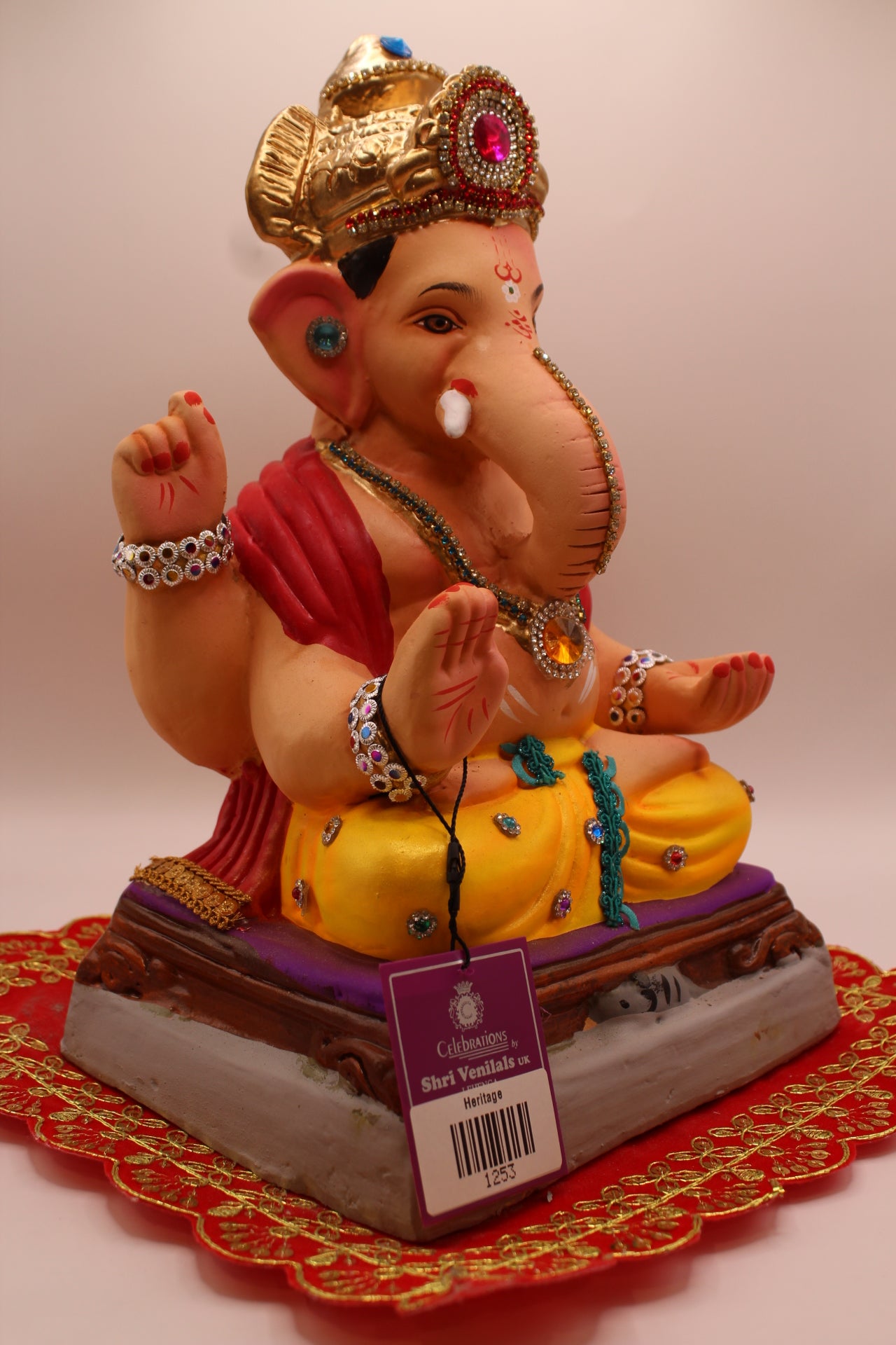 Eco-Friendly Ganesh Visarjan idol, Jewellery Style Red Khes & Yellow Dhoti, front view 2