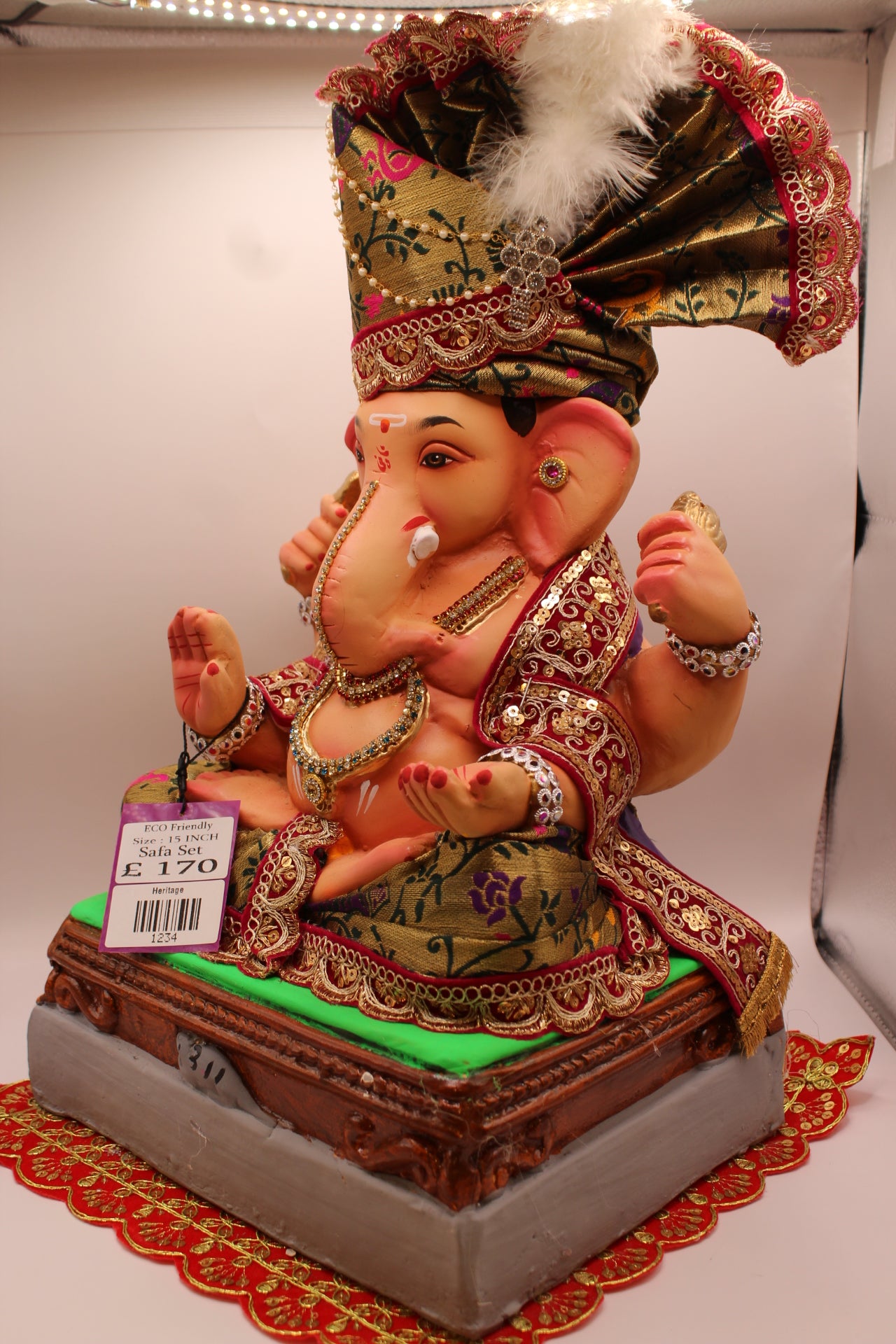 Eco-Friendly Ganesh Visarjan idol, Full Safa Set Antique Gold Paithani & Maroon, side view