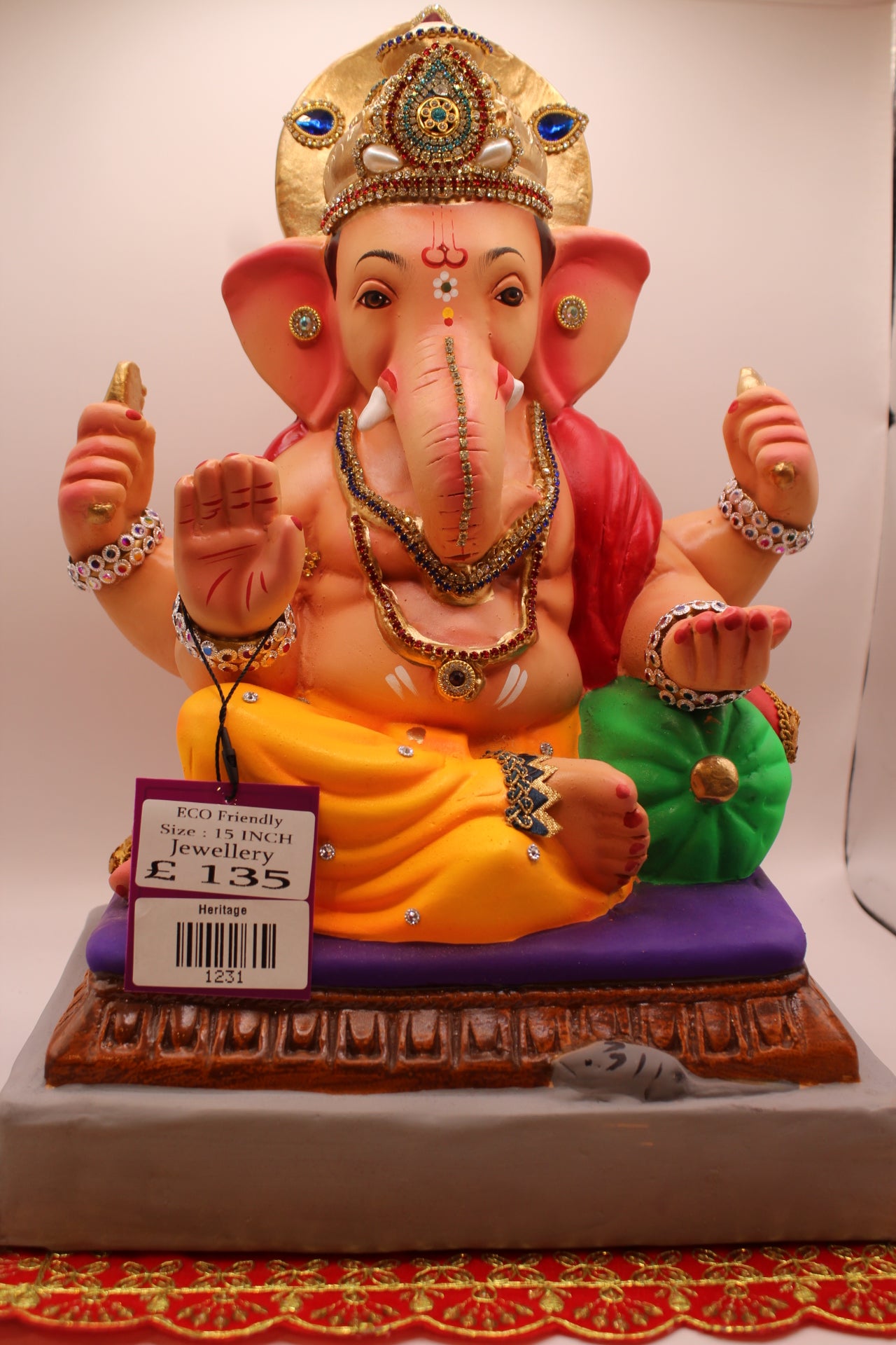 Eco-Friendly Ganesh Visarjan idol, Jewellery Style Red Khes & Saffron Dhoti, front view