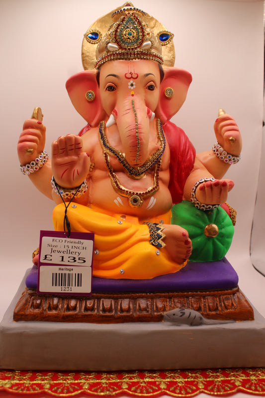 Eco-Friendly Ganesh Visarjan idol, Jewellery Style Red Khes & Saffron Dhoti, front view
