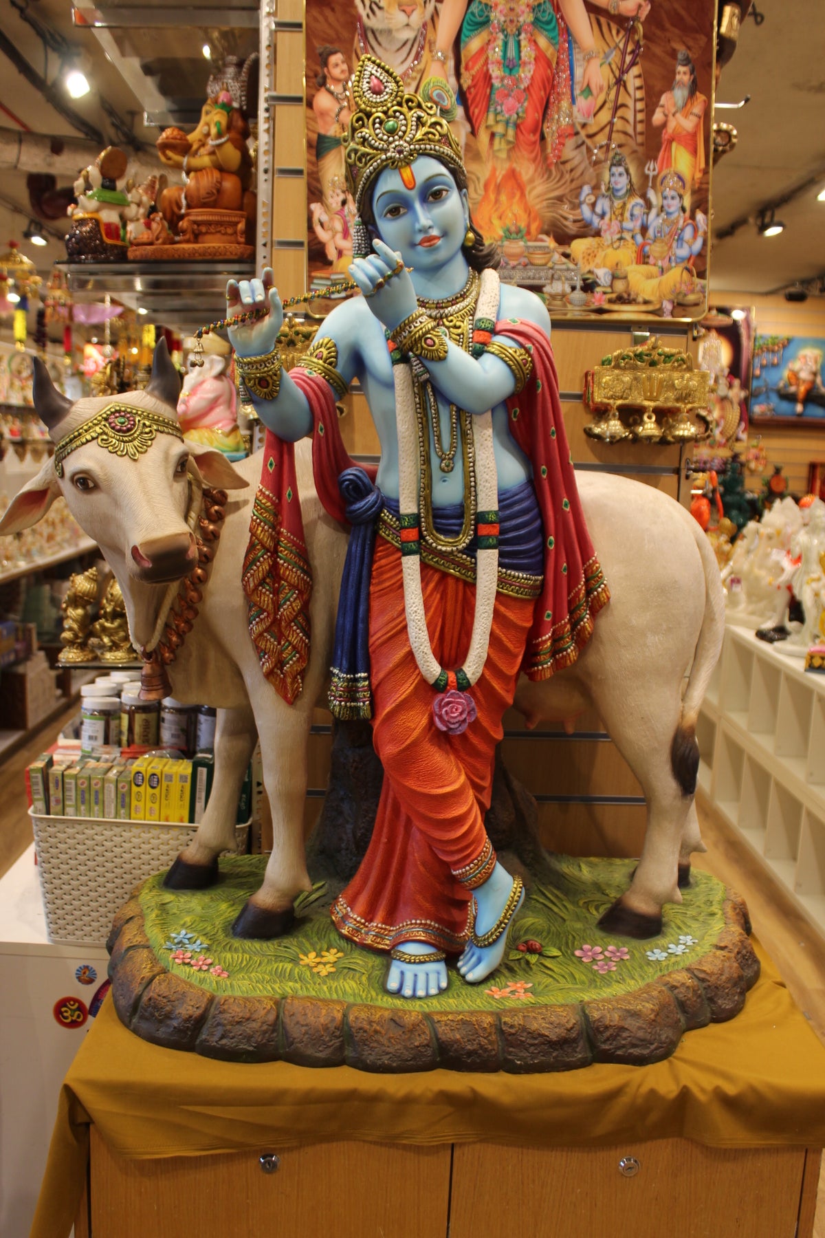 Resin/Fibre Krishna with Cow Statue – Large Painted Showpiece, 43 inch – front view