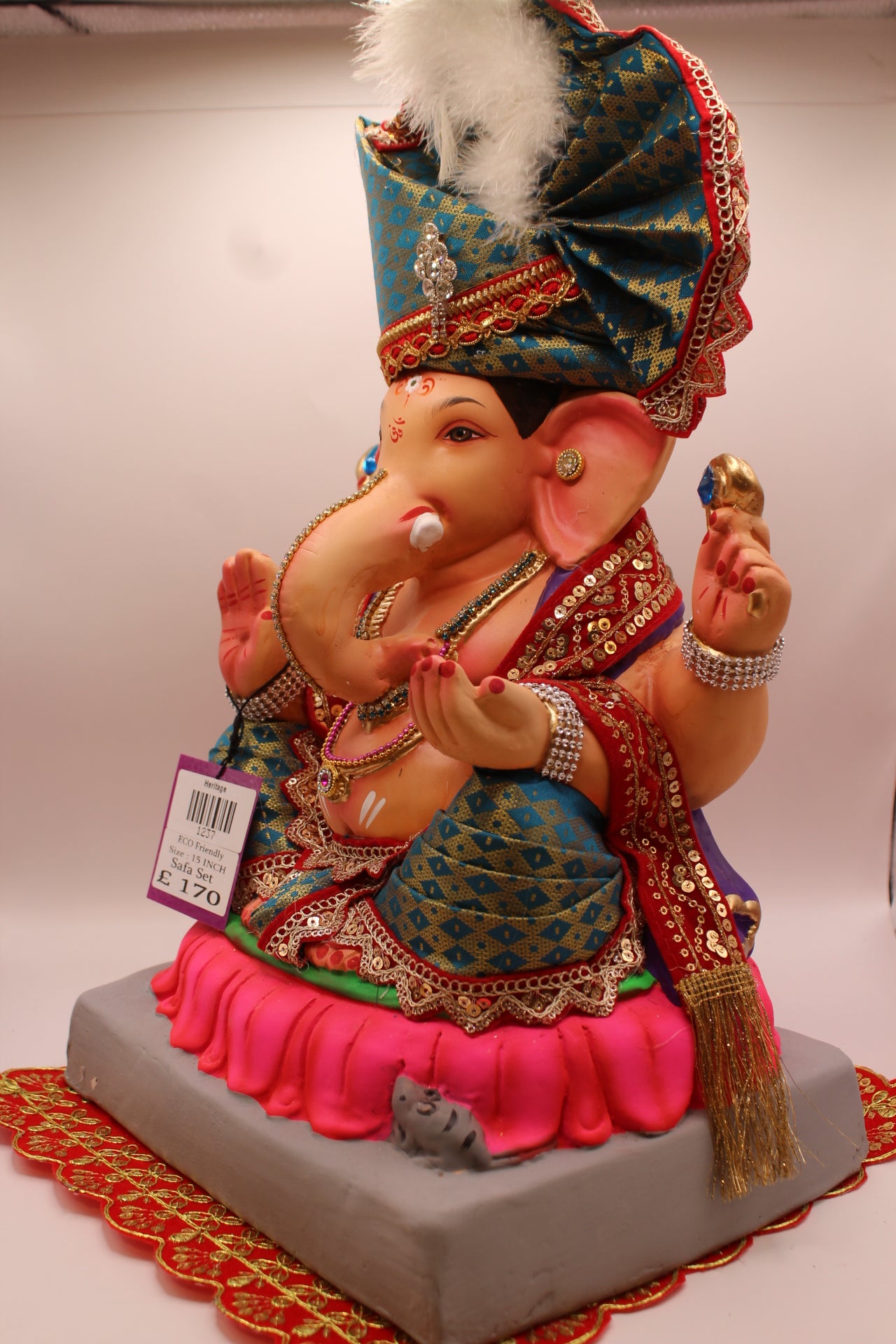 Eco-Friendly Ganesh Visarjan idol, Full Safa Set Teal & Red Velvet, close-up