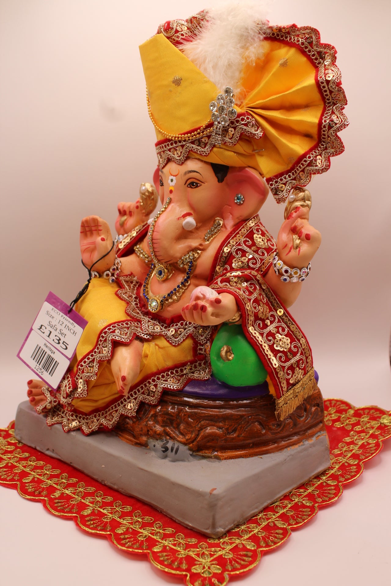 Eco-Friendly Ganesh Visarjan idol, Full Safa Set Yellow & Red Brocade, side view