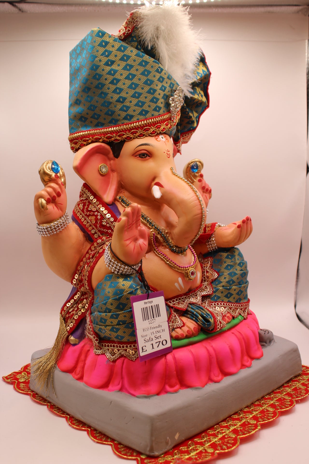 Eco-Friendly Ganesh Visarjan idol, Full Safa Set Teal & Red Velvet, side view