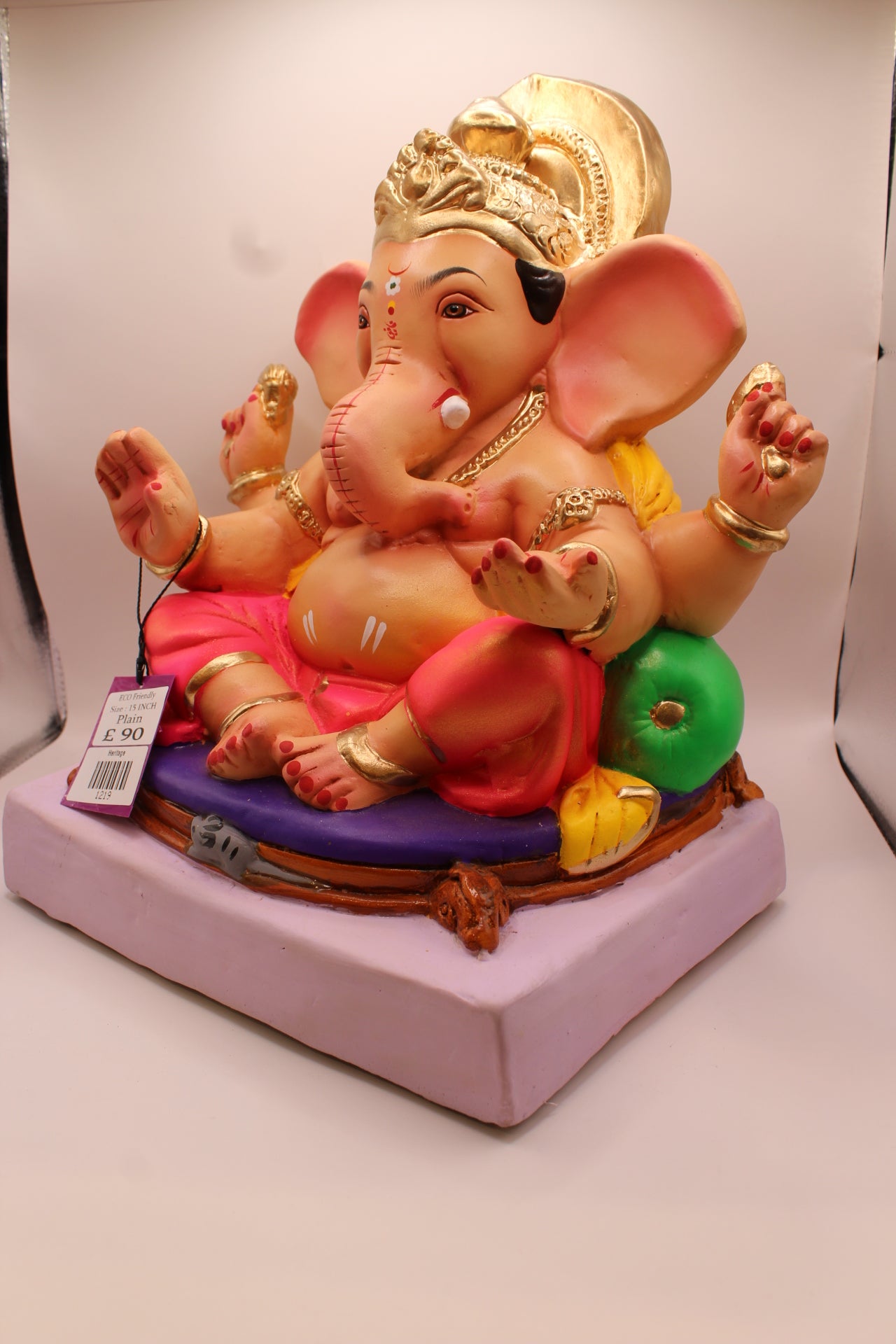 Eco-Friendly Ganesh Visarjan idol, Yellow Khes & Pink Dhoti, Green Modak Cushion, side view