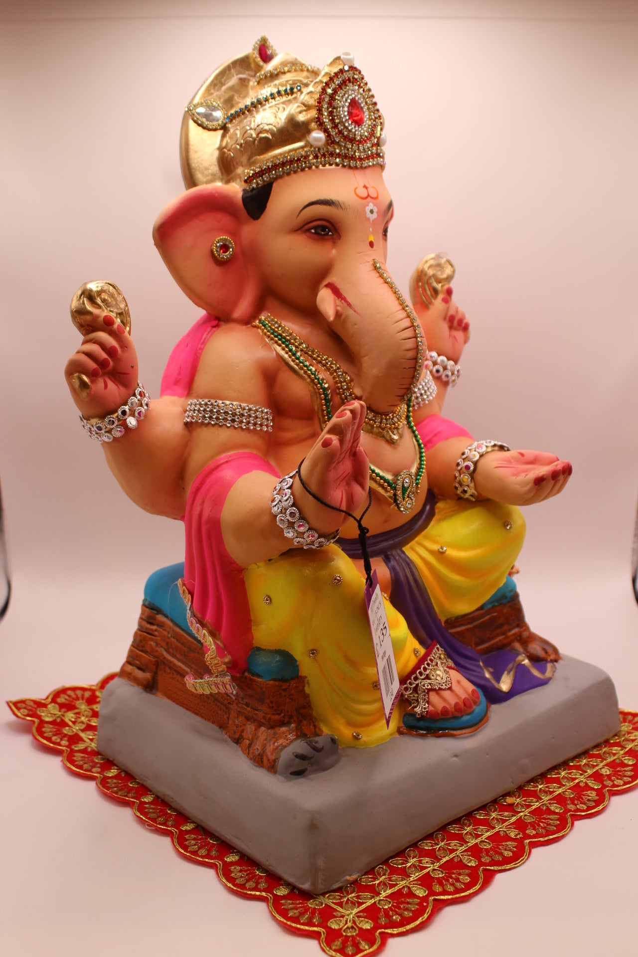 Eco-Friendly Ganesh Visarjan idol, Jewellery Style Yellow Dhoti & Pink Khes, side view