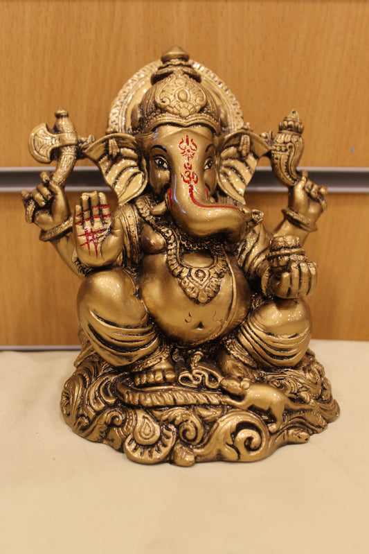 Resin Ganesh Statue – Antique Gold, Seated on Clouds, 6 inch – front view