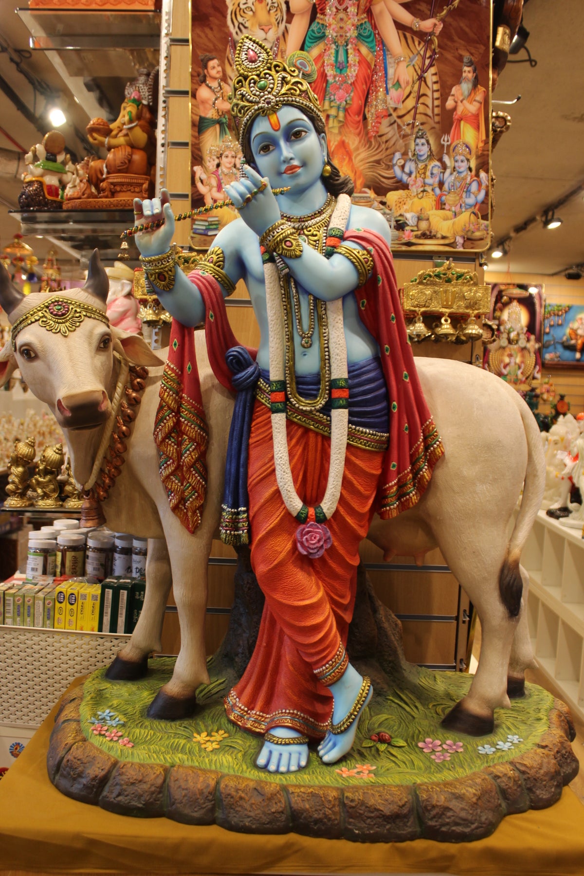 Resin/Fibre Krishna with Cow Statue – Large Painted Showpiece, 43 inch – close-up view