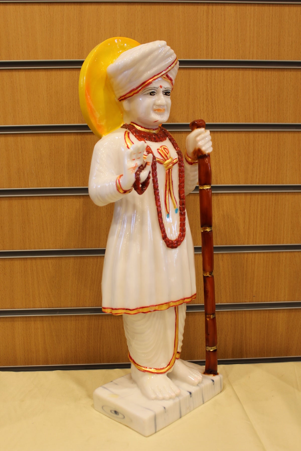 Resin/Fibre Jalaram Bapa Statue for Home Temple – White with Halo, 21 inch – White with Red Mala – left side view