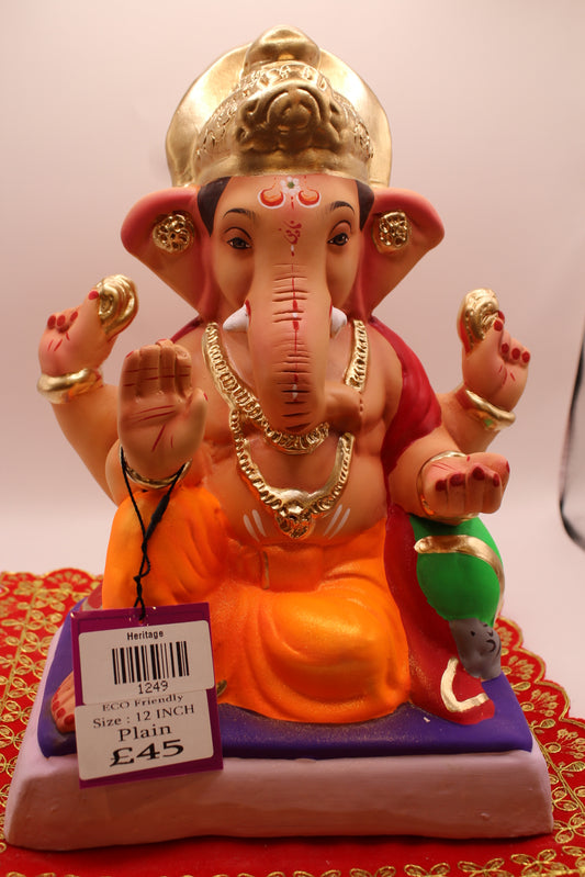 Eco-Friendly Ganesh Visarjan idol, Crimson Khes & Orange Dhoti, Gold Ear Medallions, front view