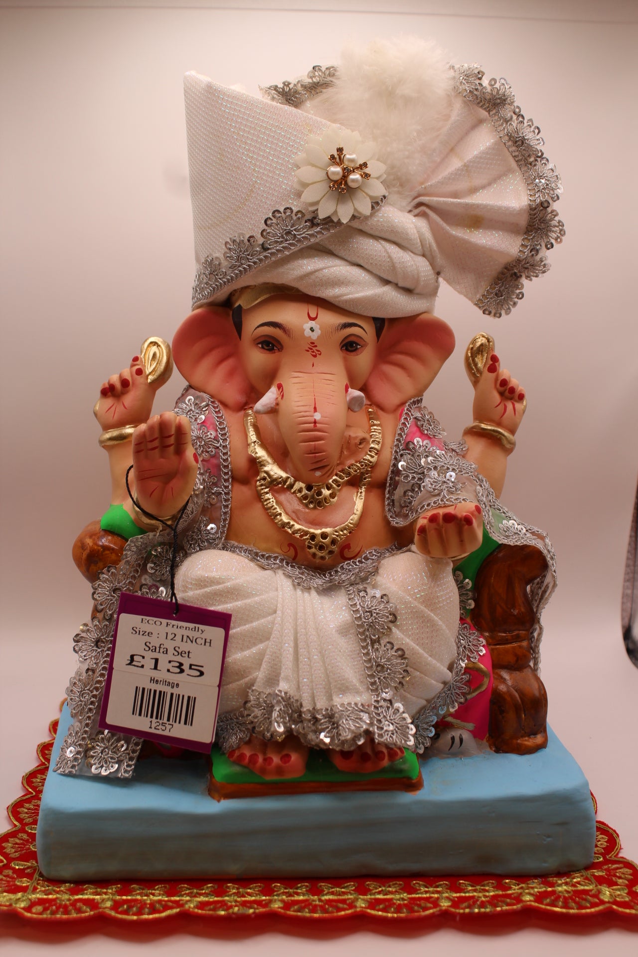 Eco-Friendly Ganesh Visarjan idol, Full Safa Set Ivory & Silver, front view