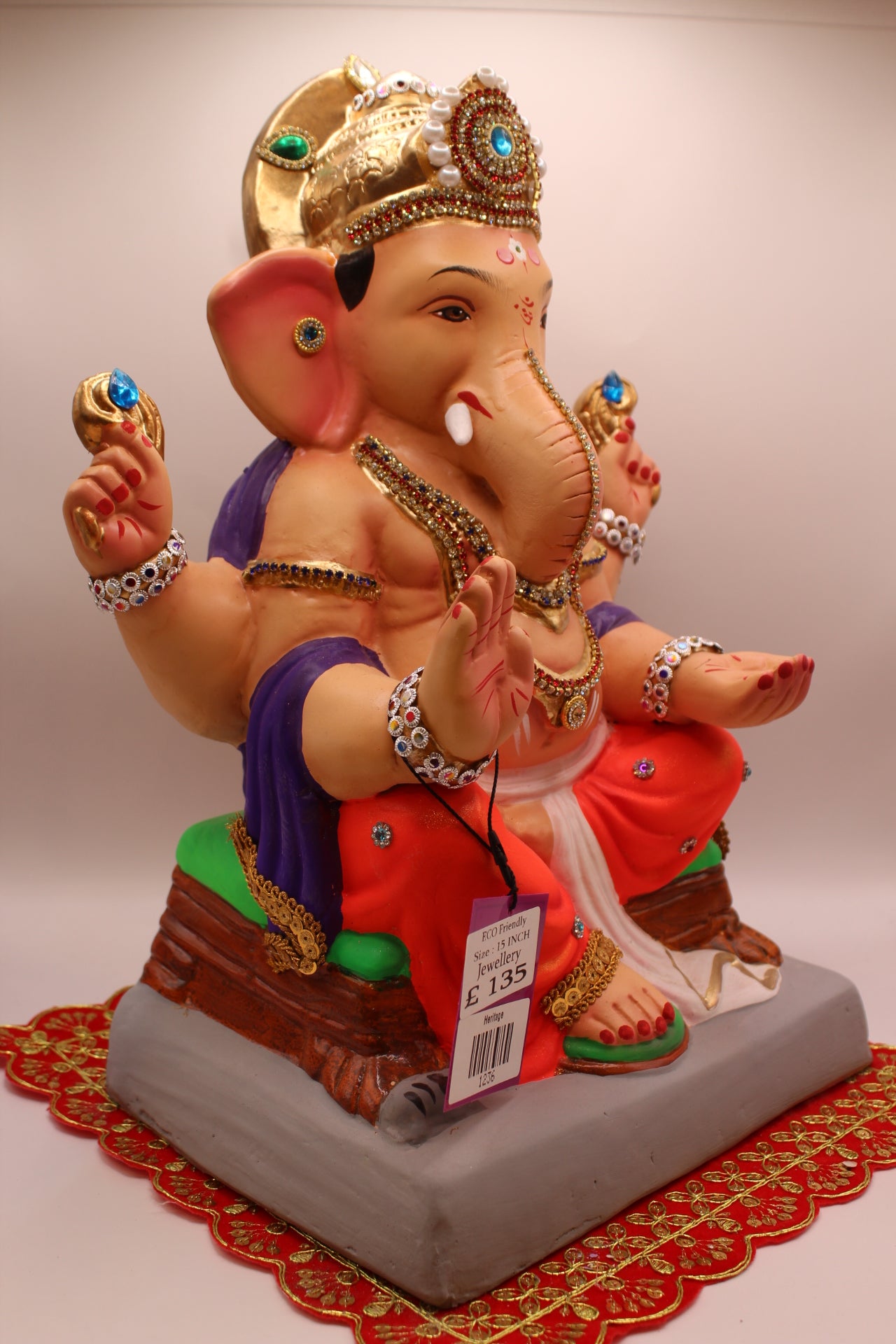 Eco-Friendly Ganesh Visarjan idol, Jewellery Style Purple Khes & Orange Dhoti, side view