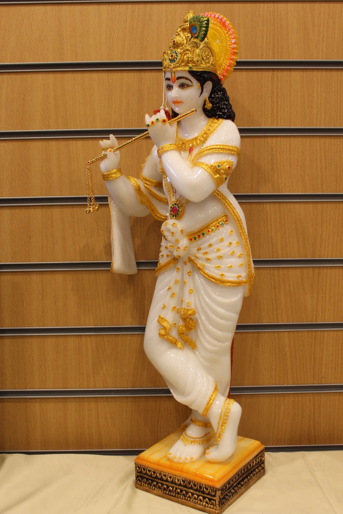 Resin/Fibre Krishna Statue for Home Temple – Playing Flute, 25 inch – White & Gold – right side view
