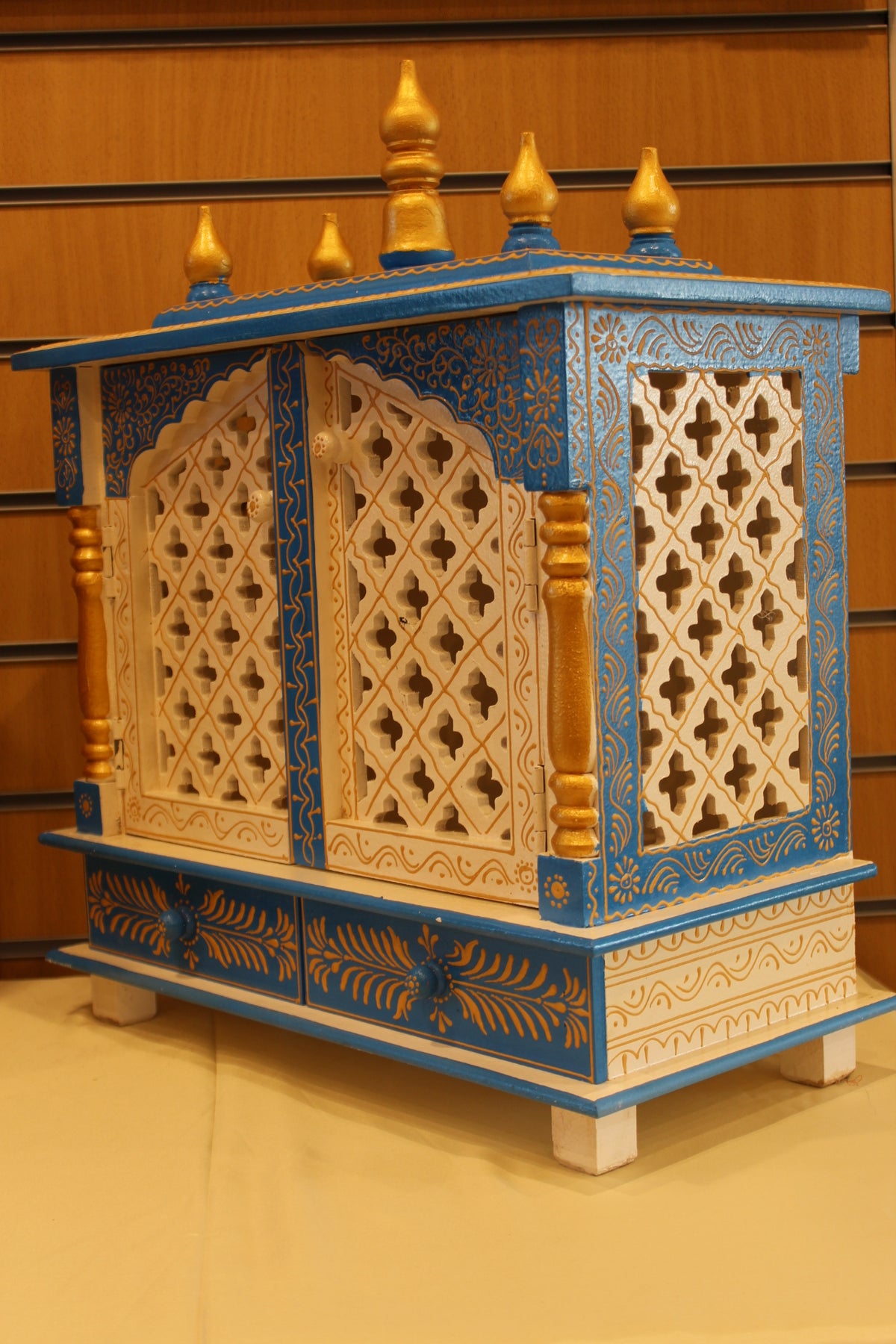 Jaipuri Mandir with Doors in white & blue, side view