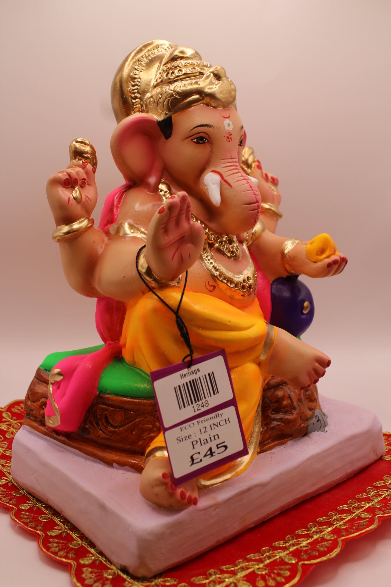 Eco-Friendly Ganesh Visarjan idol, Pink Khes & Saffron Dhoti, Carved Wooden Throne, front view 2
