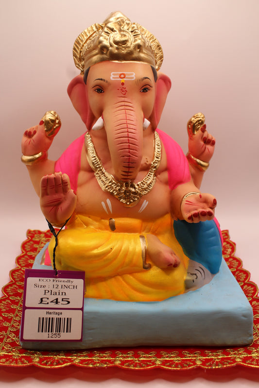 Eco-Friendly Ganesh Visarjan idol, Pink Khes & Yellow Dhoti, Blue Bolster, front view