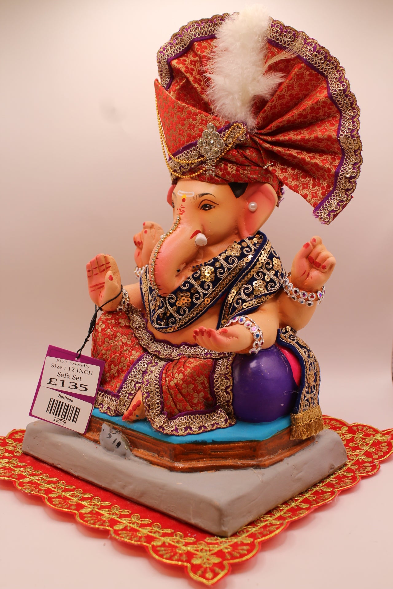 Eco-Friendly Ganesh Visarjan idol, Full Safa Set Red Brocade & Navy Khes, side view