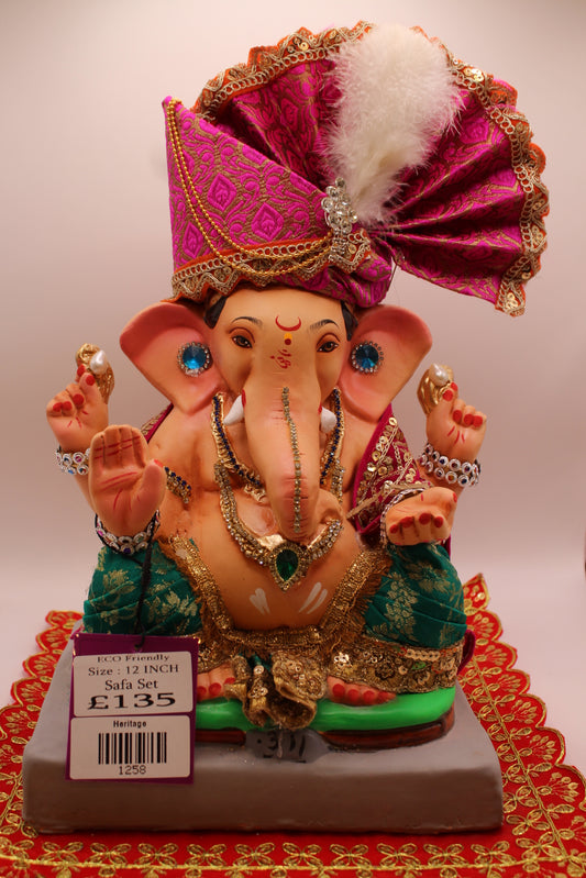 Eco-Friendly Ganesh Visarjan idol, Full Safa Set Magenta & Teal, front view