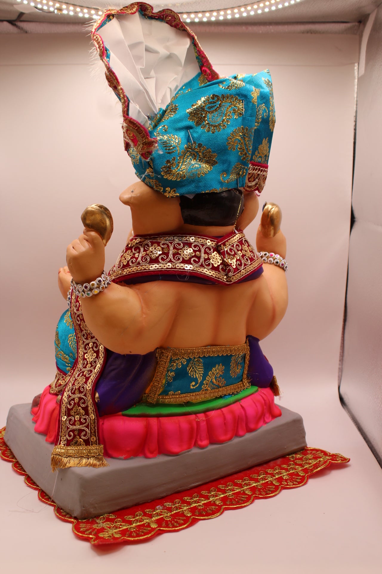 Eco-Friendly Ganesh Visarjan idol, Full Safa Set Teal Brocade & Wine Velvet, back view