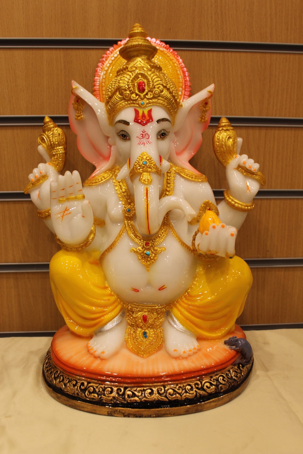 Resin/Fibre Ganesh Statue for Home Temple – Seated with Modak, 16 inch – Yellow Dhoti – front view