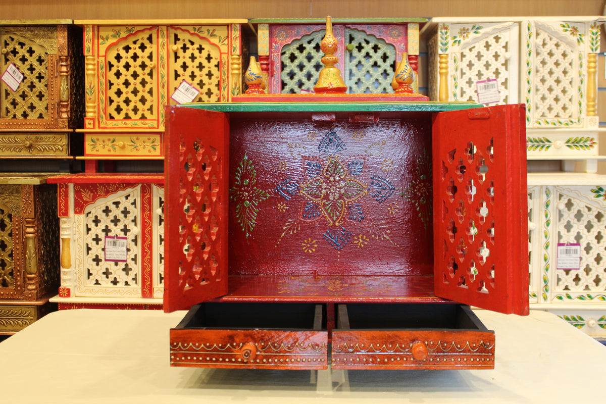 Jaipuri Mandir with Doors in red & navy, doors and drawers open