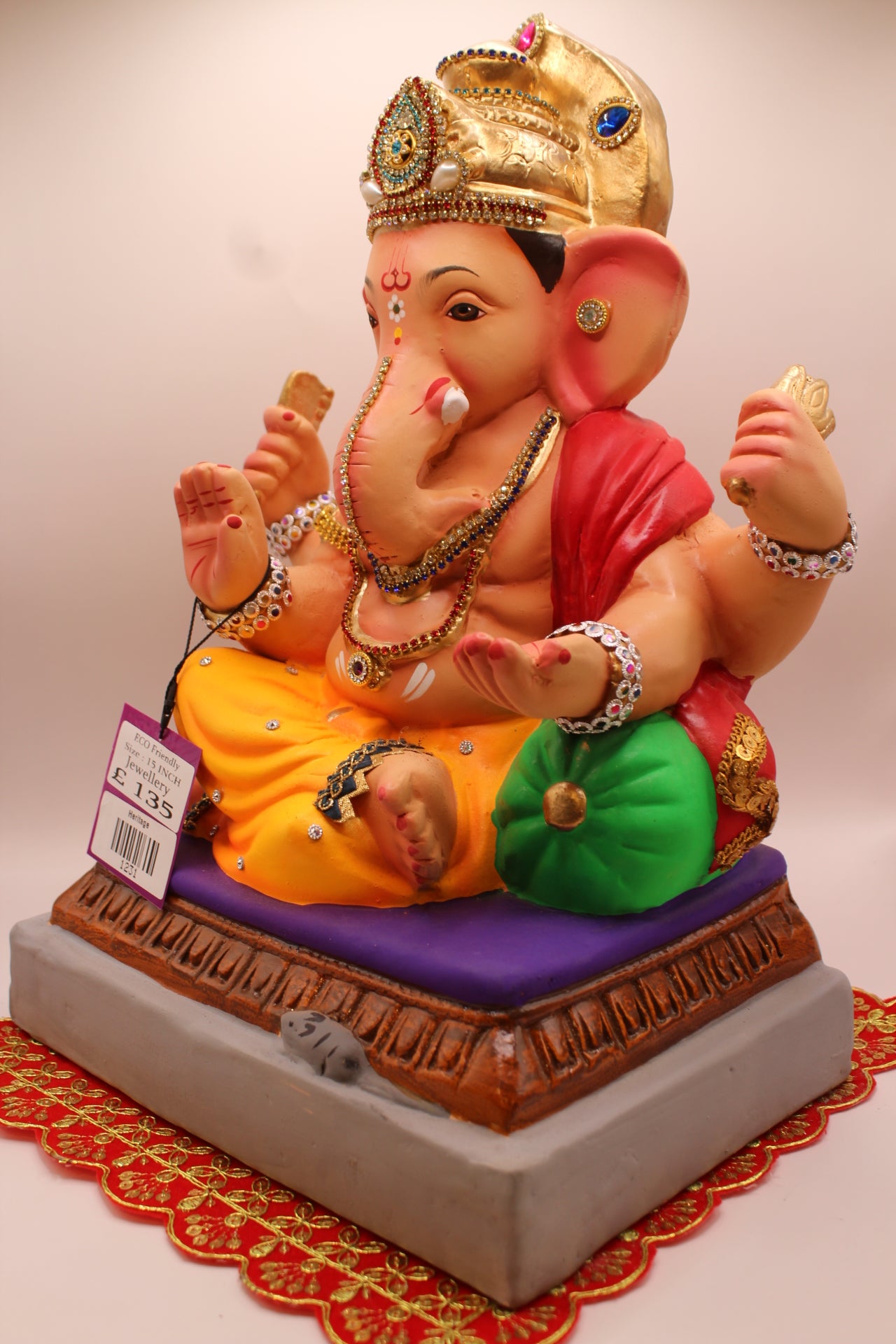Eco-Friendly Ganesh Visarjan idol, Jewellery Style Red Khes & Saffron Dhoti, side view