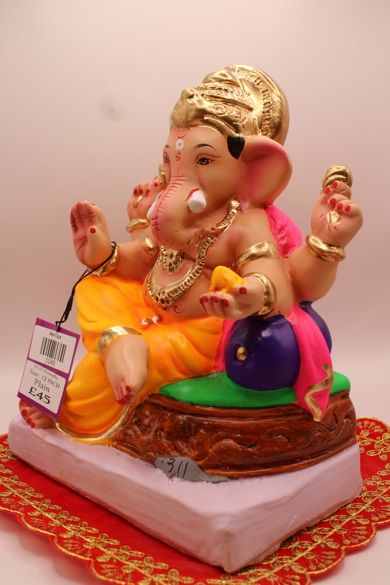 Eco-Friendly Ganesh Visarjan idol, Pink Khes & Saffron Dhoti, Carved Wooden Throne, side view