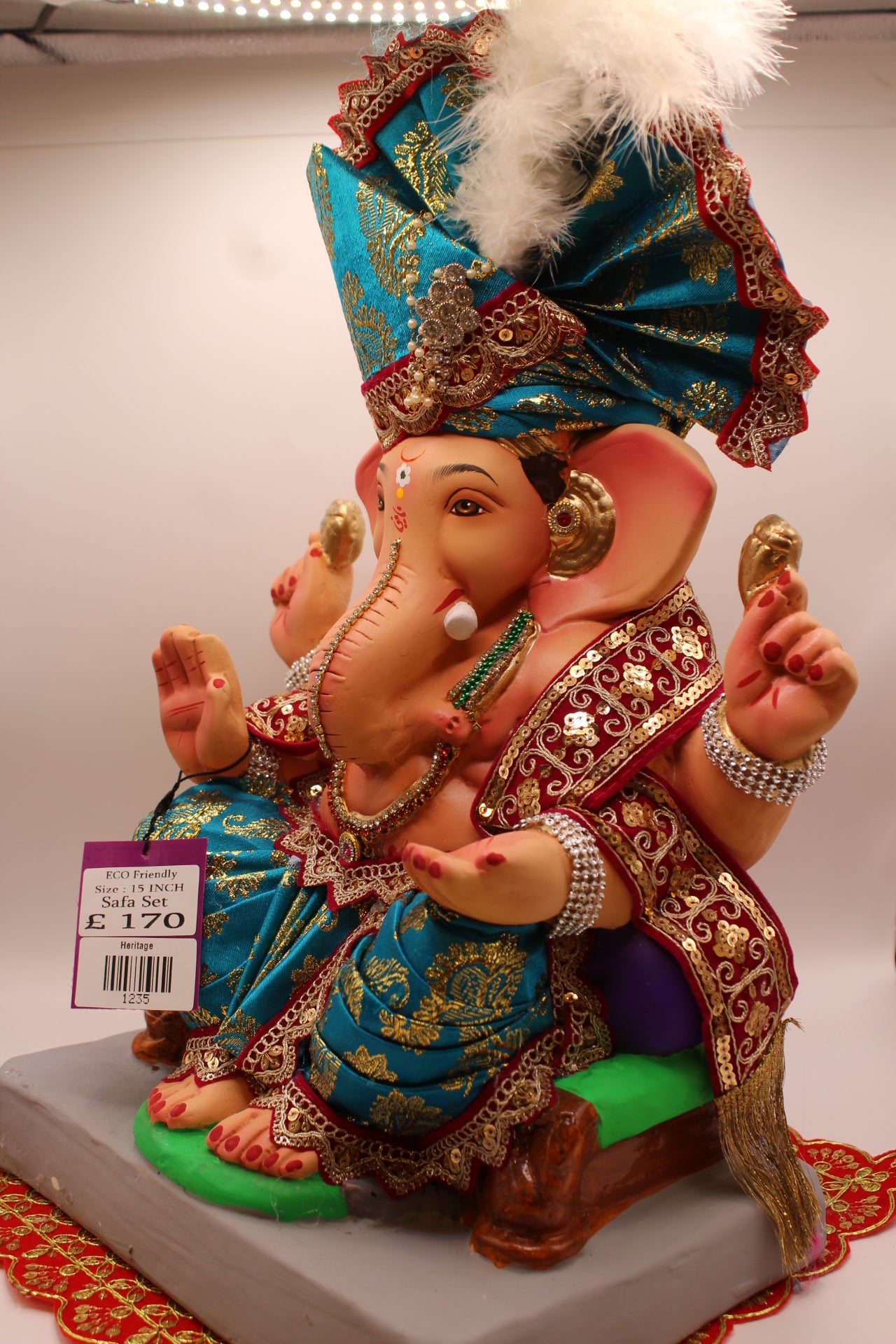 Eco-Friendly Ganesh Visarjan idol, Full Safa Set Peacock Teal & Maroon, close-up
