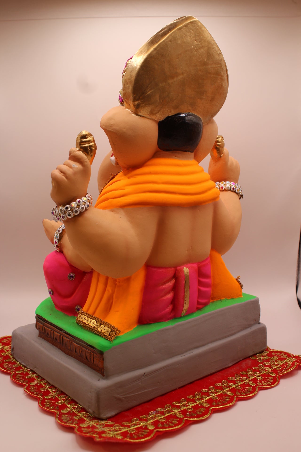 Eco-Friendly Ganesh Visarjan idol, Jewellery Style Orange Khes & Pink Dhoti, back view