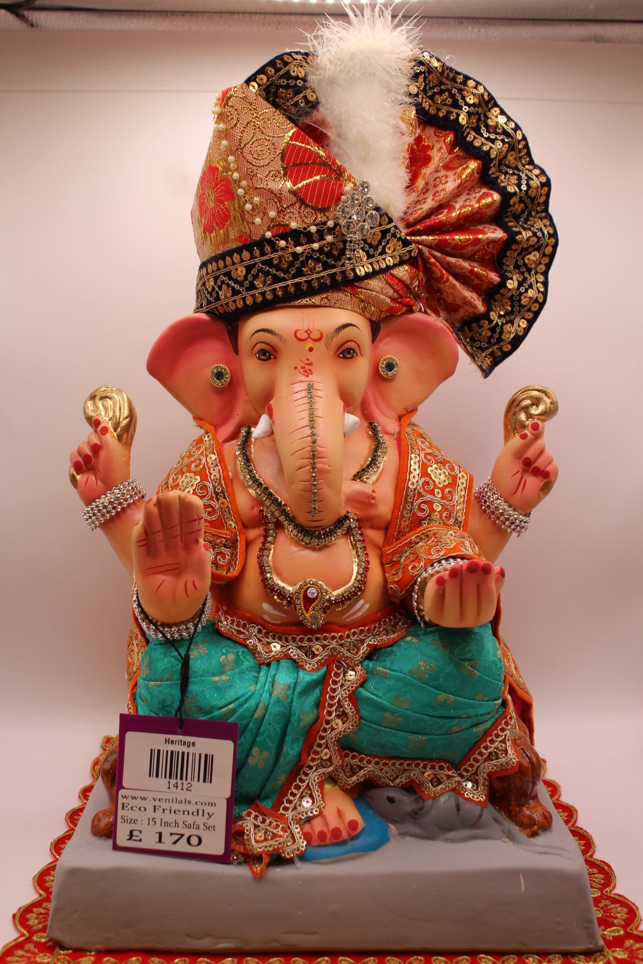 15 inch eco-friendly Ganesh idol – sea green dhoti with red brocade safa and black-gold fan, front