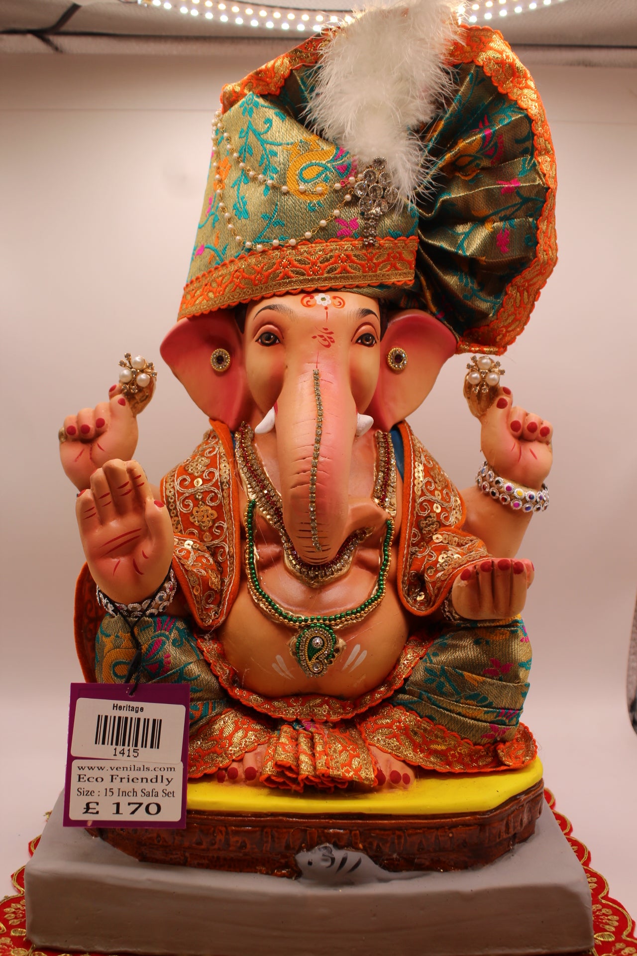 15 inch eco-friendly Ganesh idol – teal floral safa with orange gold brocade outfit, front