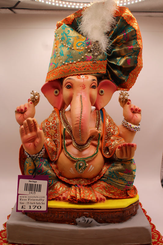 15 inch eco-friendly Ganesh idol – teal floral safa with orange gold brocade outfit, front
