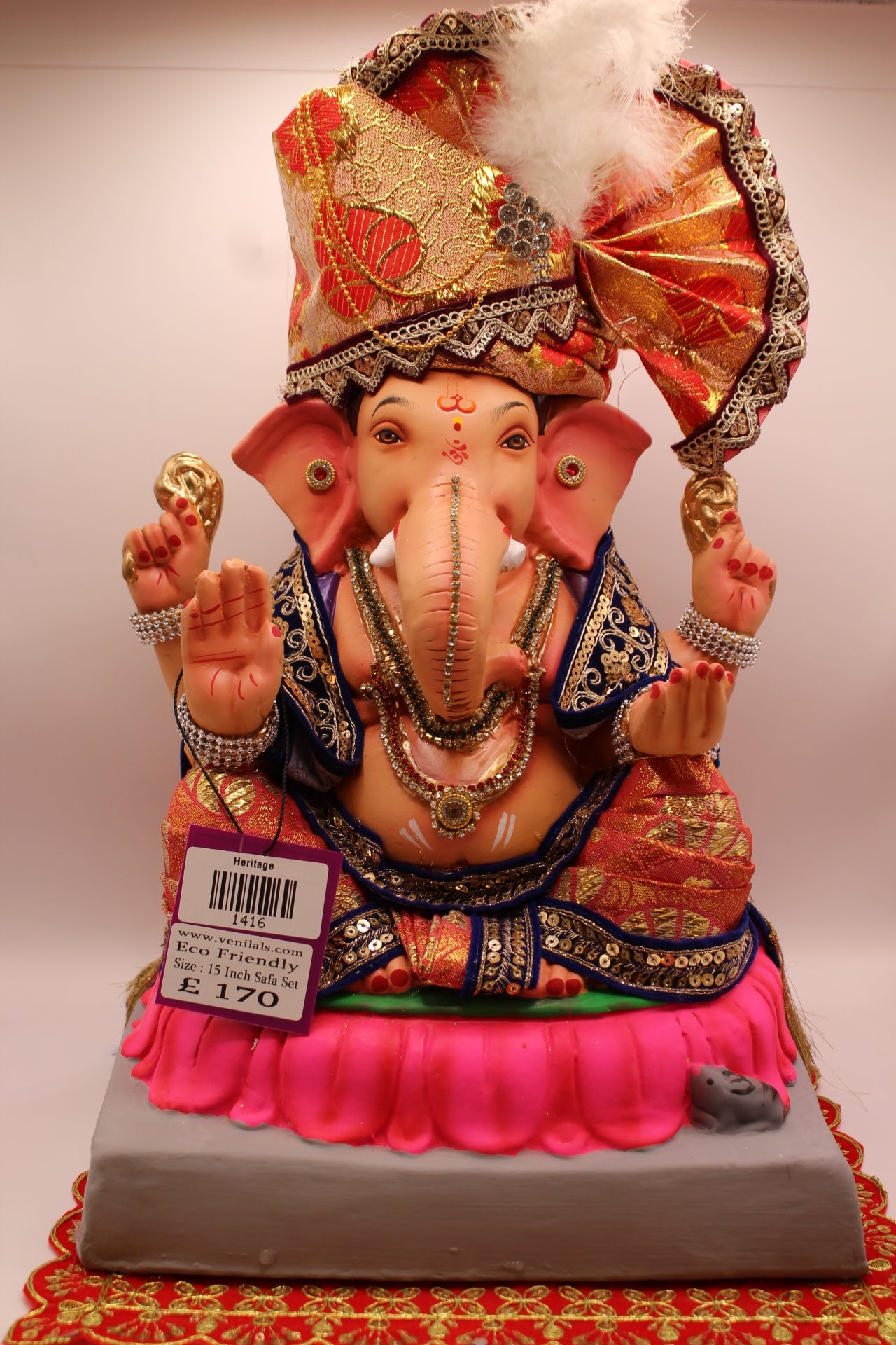 15 inch eco-friendly Ganesh idol – coral floral safa with navy sequin shawl on pink lotus mat, front