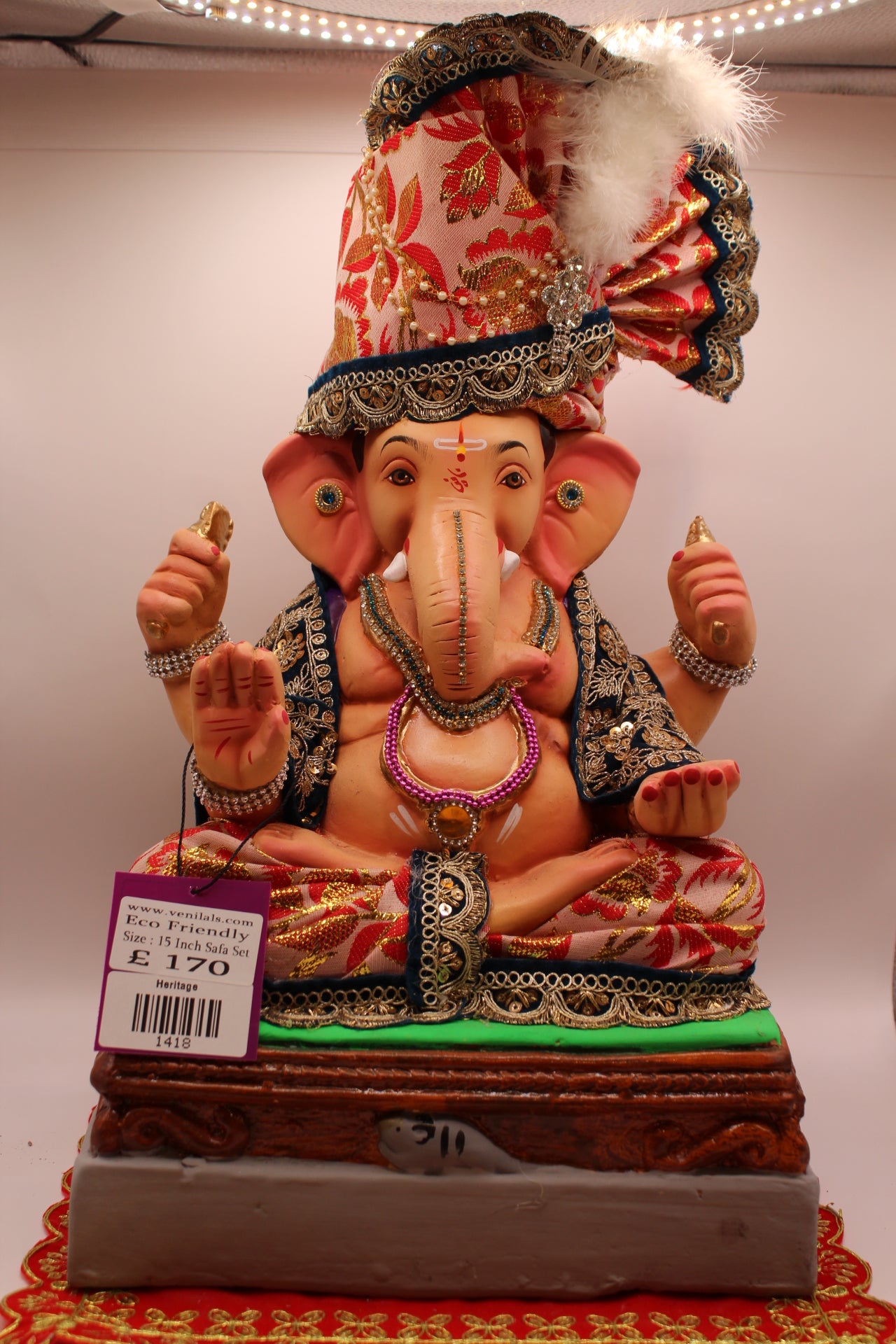 15 inch eco-friendly Ganesh idol – red floral safa with black zari embroidered shawl, front
