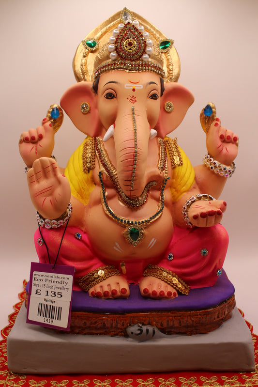 15 inch eco-friendly Ganesh idol – jewellery style idol with gold leaf mukut and yellow khes, front